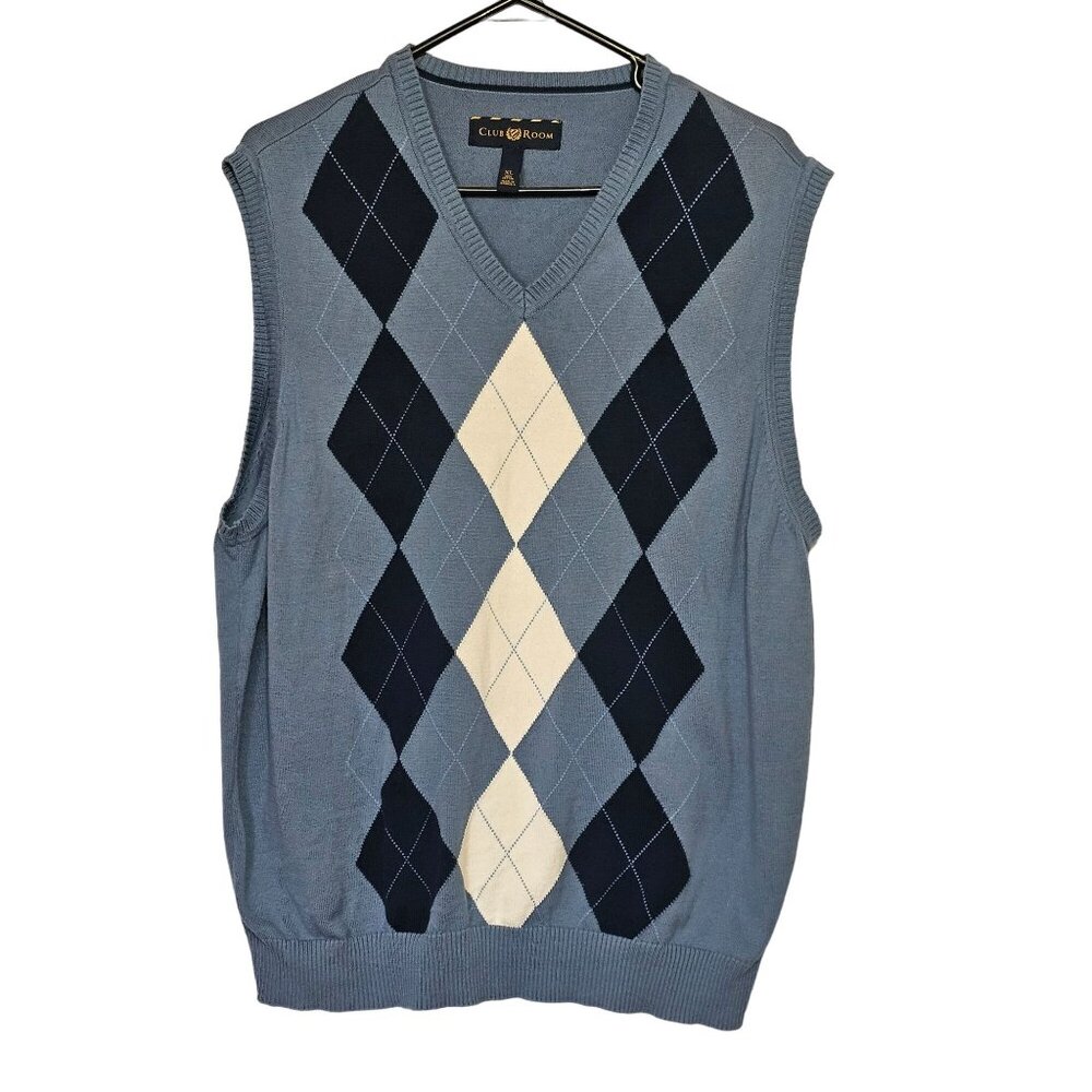 Club Room Mens Argyle Sweater Vest XL 100% Cotton Greyish Blue White Sleeveless